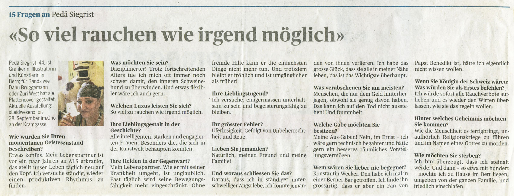 Der Bund, 15 Fragen an Pedä Siegrist, 14.08.2012