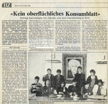 Berner Zeitung, Mai 1985, Jugendzeitung Impuls, Dominic H. Ruh, Pedä Siegrist, Stan Spycher